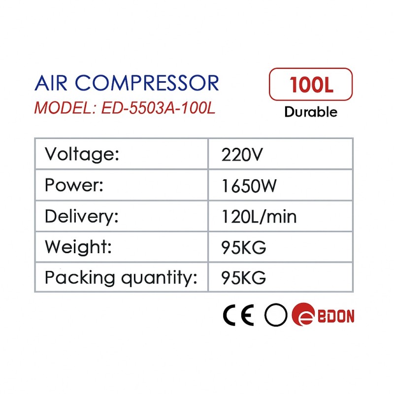 ED-5503A-100L Electric Air Compressor – 220V, 1650W, 100L Tank