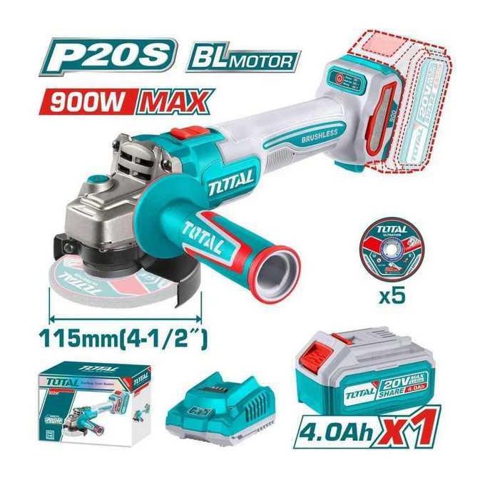 TOTAL TAGLI261521 Cordless Angle Grinder (20V, Brushless, 115mm)