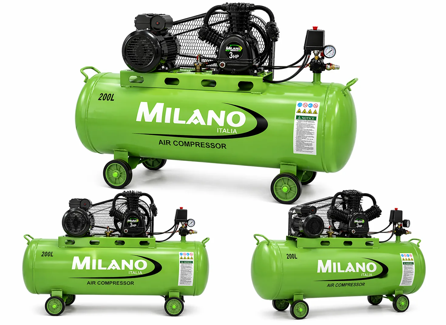 Milano 200L Air Compressor 3HP 3 Piston Belt Driven